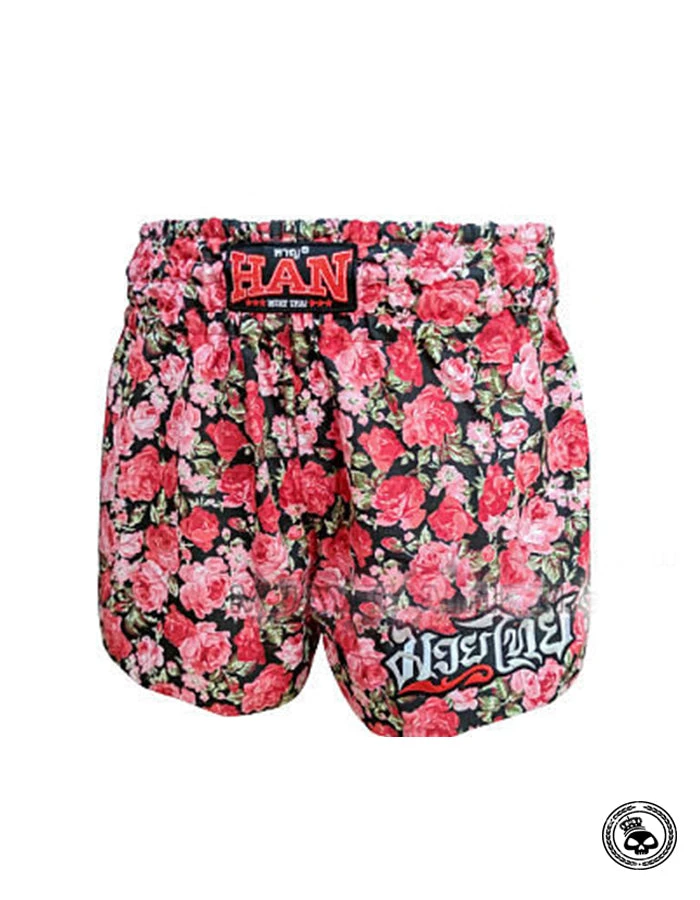 Han Muay Thai Shorts - Black/Pink Roses 3 Han Muay Thai Shorts - Black/Pink Roses